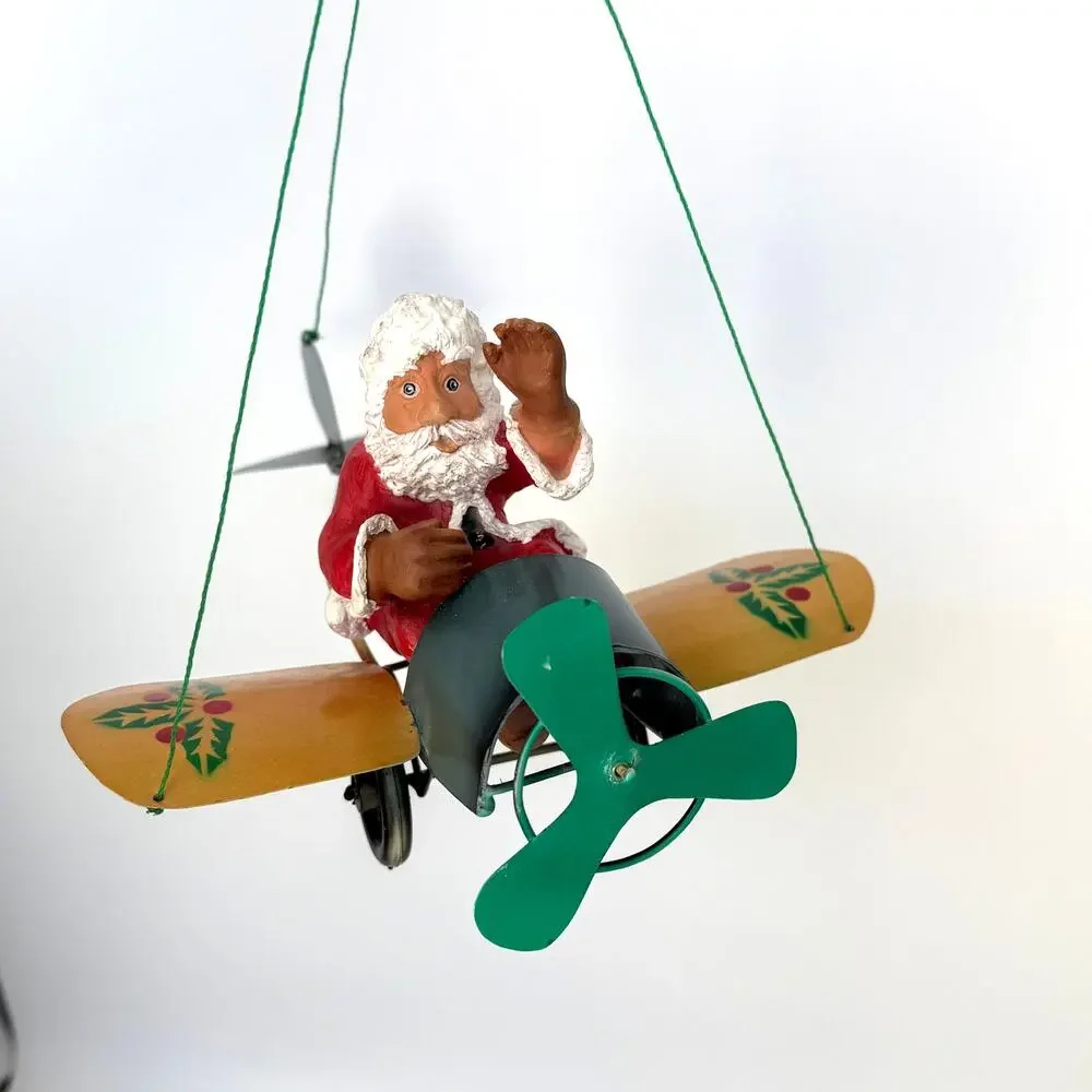Rare Vintage Santa in Plane Metal Mobile Christmas Ornament